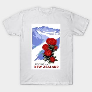 Vintage Travel Poster New Zealand Rata Blossom Franz Josef Glacier T-Shirt